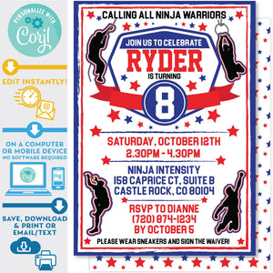 PRINTABLE Ninja Warrior Boy Invitation in Blue and Red 5" x 7"