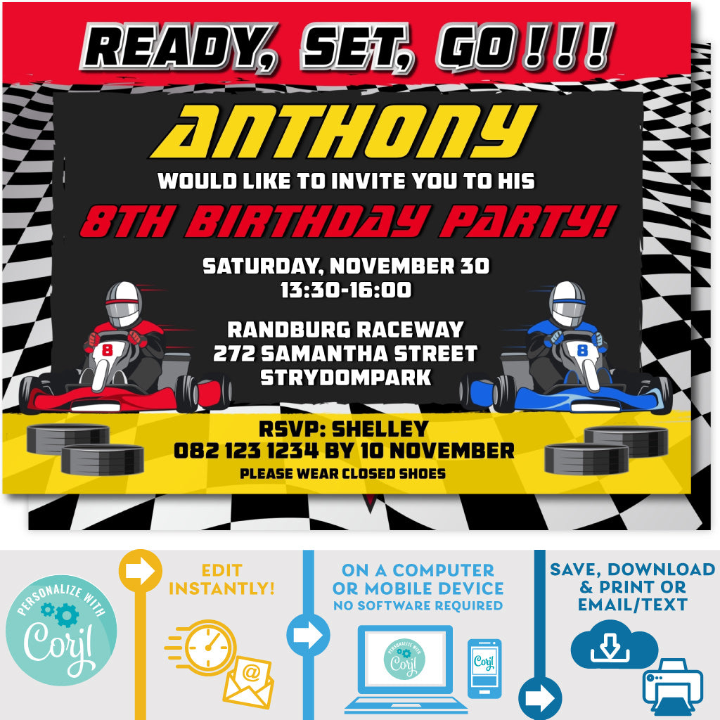PRINTABLE Go Kart Racing Invitation Red \u0026 Yellow 5\, image size:1024x1024