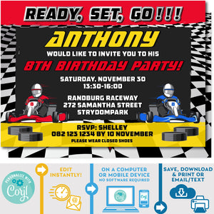 PRINTABLE Go Kart Racing Invitation Red & Yellow 5" x 7"