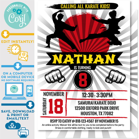 Karate Kid Ninja Boys Birthday Invitation Editable in Corjl