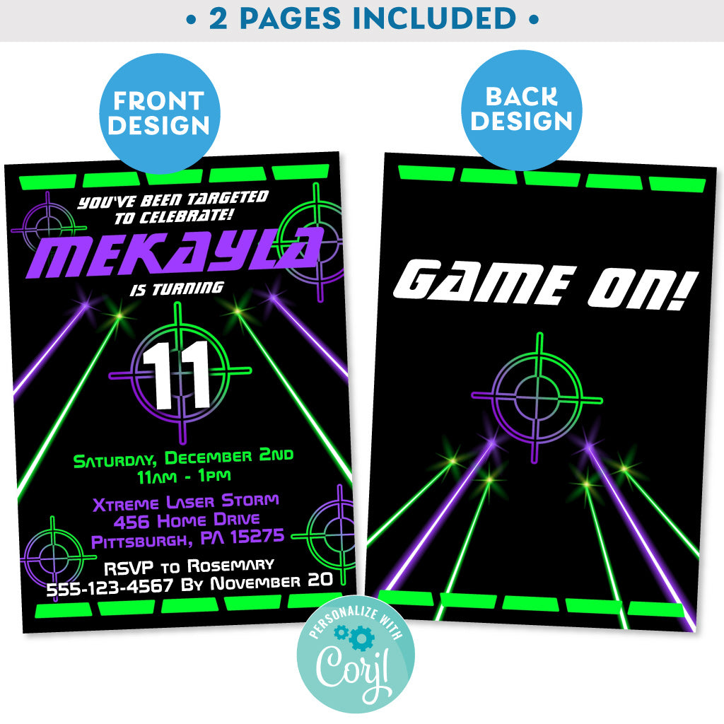 PRINTABLE Laser Tag Invitation in Neon Purple and Green 5" x 7" – Invite  Central
