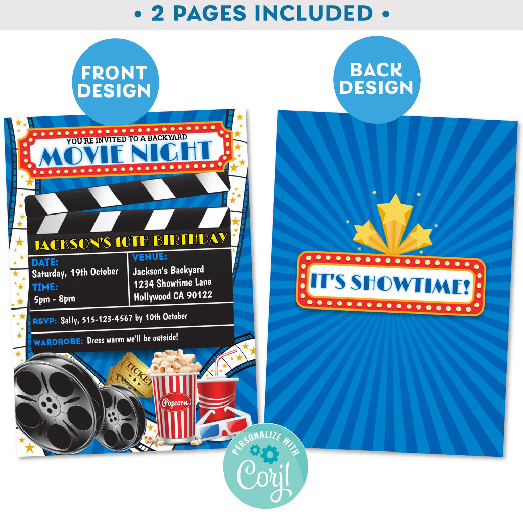 PRINTABLE Movie Night Blue Background Invitation 5" x 7" – Invite Central