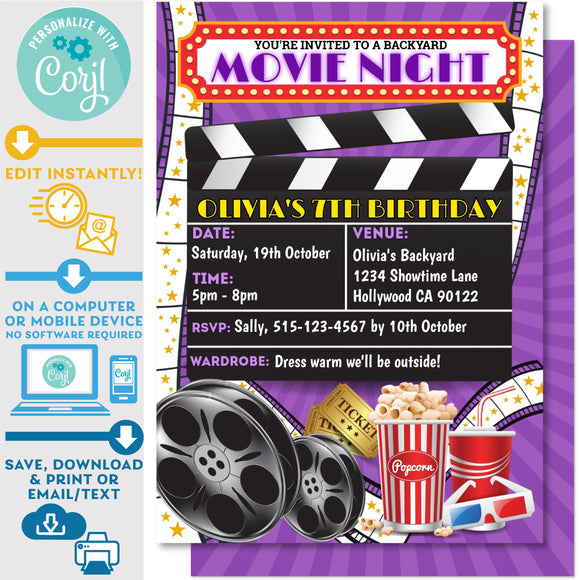Movie Night Backyard Invitation Purple
