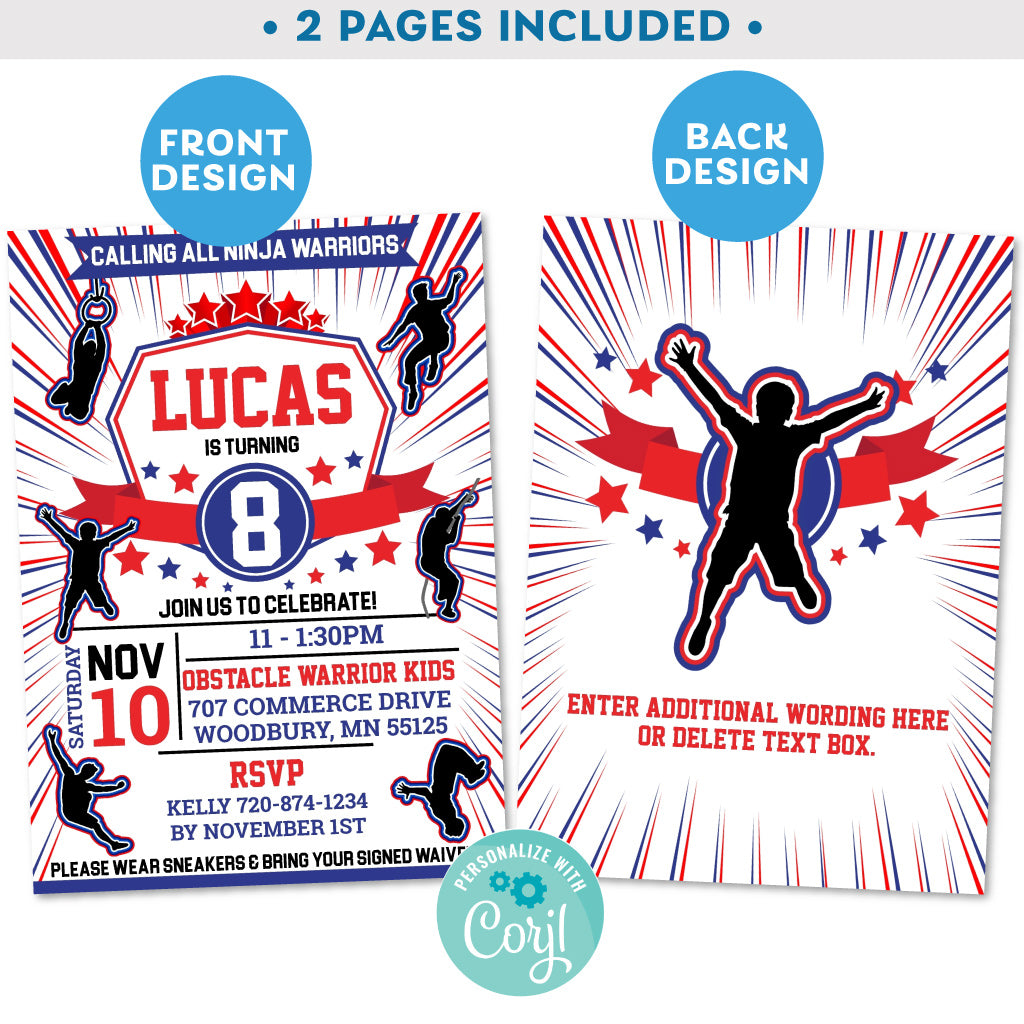 PRINTABLE Ninja Warrior Boys Radial Invitation in Blue, White and Red – Invite Central