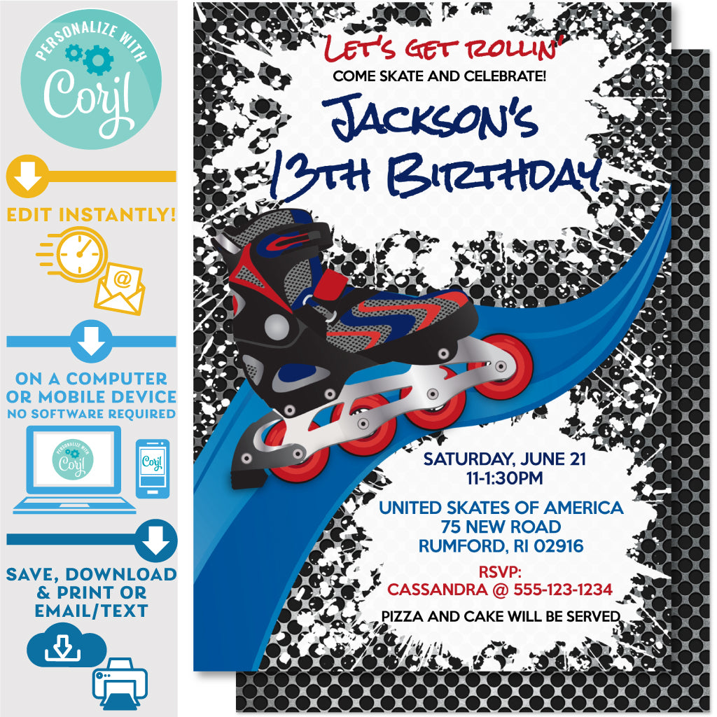 PRINTABLE Roller Blade in Red/Blue Invitation 5" x 7" – Invite Central
