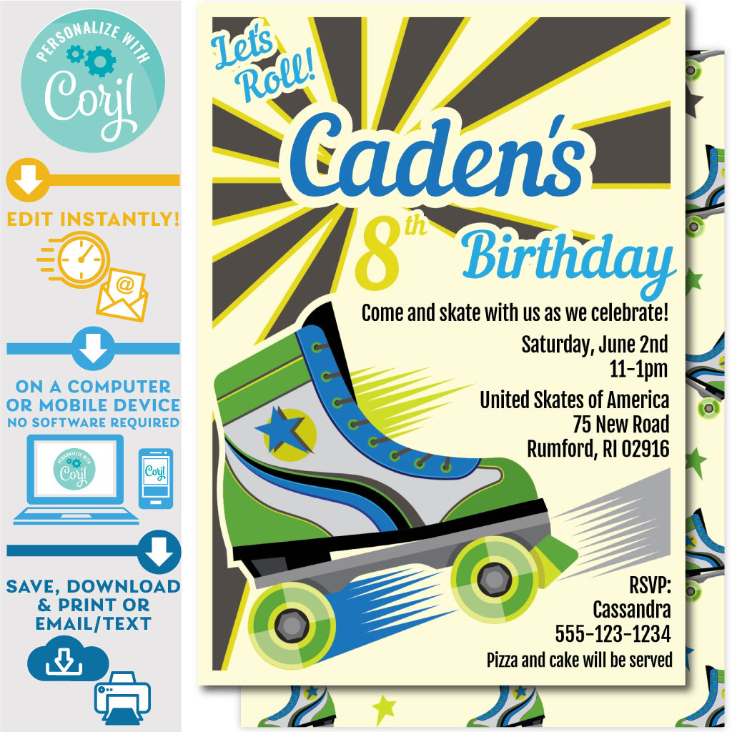 PRINTABLE Retro Roller Skate Invitation in Blue and Green 5 printable-retro-roller-skate-invitation-in-blue-and-green-5-x-7-invite-central