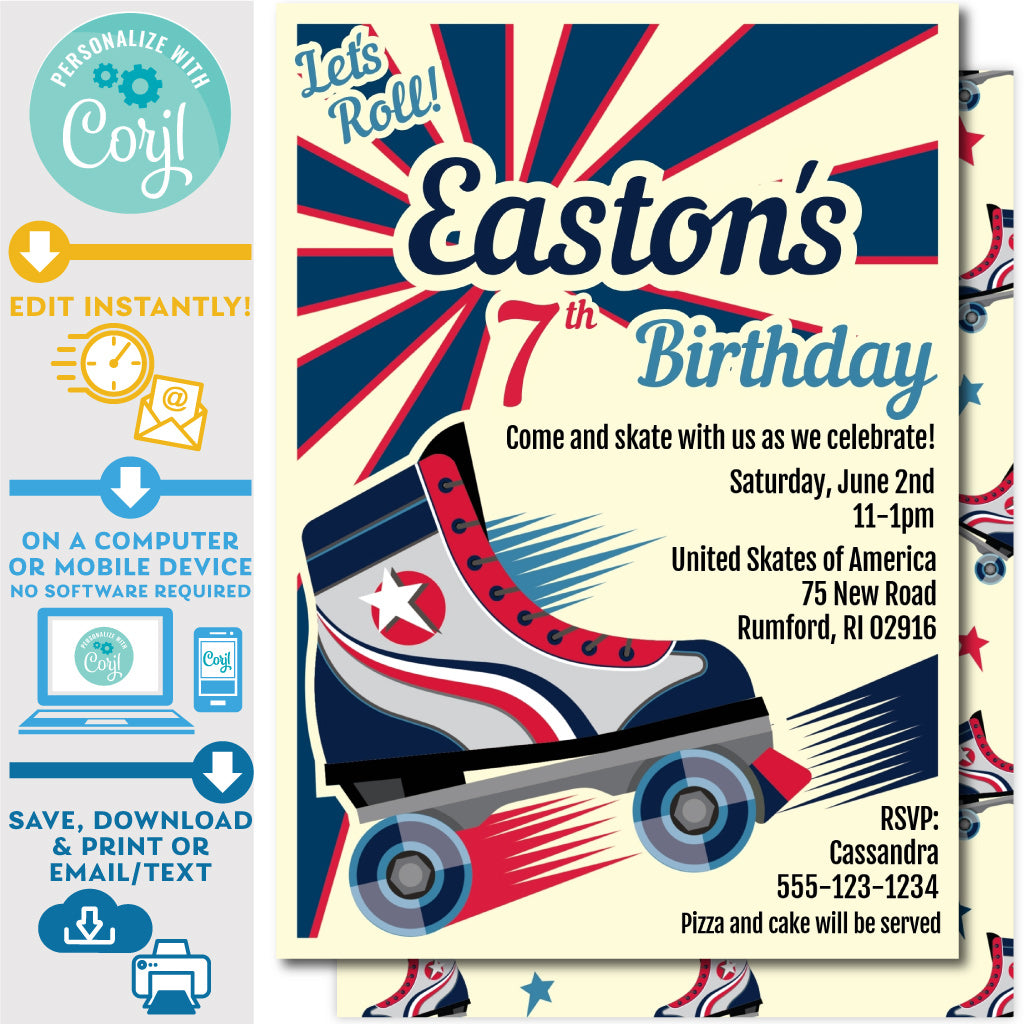 printable retro roller skate invitation in blue and red 5" x 7