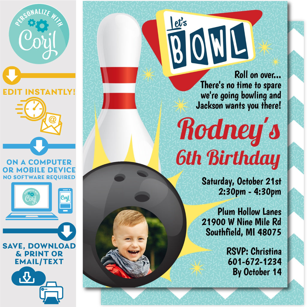 PRINTABLE Retro Tenpin Bowling Invitation in Teal and Red with Photo 5