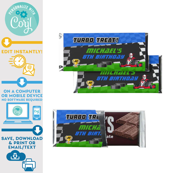 PRINTABLE Go Kart Racing Hershey Bar 1.55oz Wraps Blue & Green