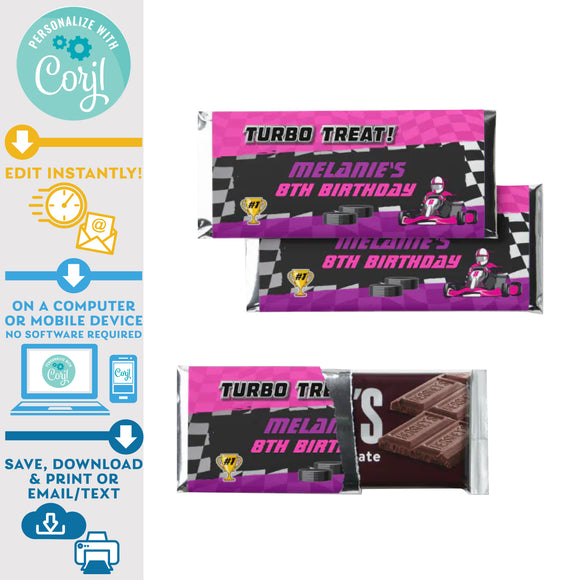PRINTABLE Go Kart Racing Hershey Bar 1.55oz Wraps Pink & Purple