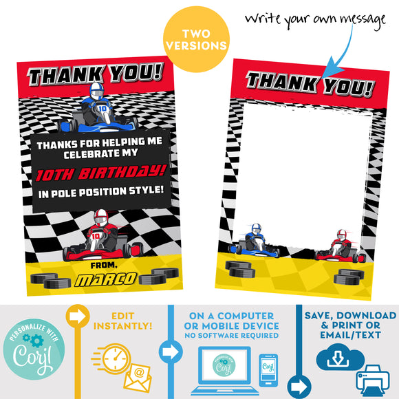 PRINTABLE Go Kart Thank You Cards Red/Yellow - Edit Yourself