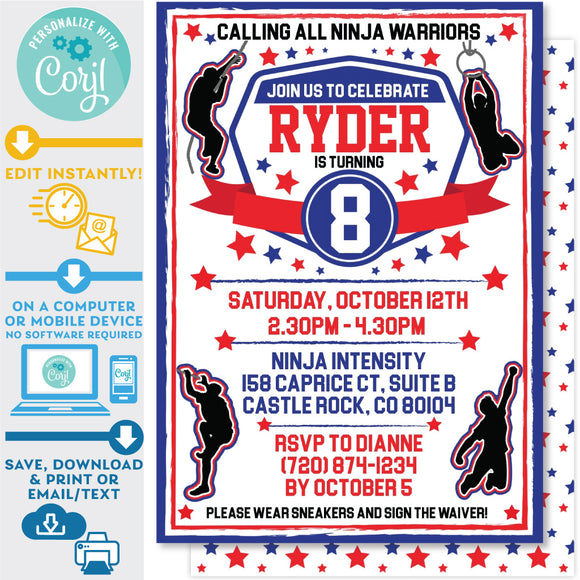 PRINTABLE Ninja Warrior Boy Invitation in Blue and Red 5