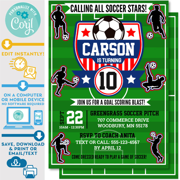 PRINTABLE Soccer Pitch, Ball & Players Birthday Invitation 5