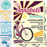 PRINTABLE Retro Bike Invitation in Purple and Orange 5" x 7"