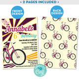 PRINTABLE Retro Bike Invitation in Purple and Orange 5" x 7"