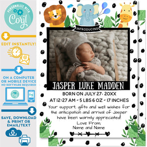 Birth Announcement Card Photo with Jungle Animals Design