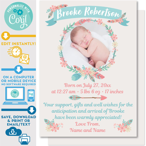 Birth Announcement Card Photo Wreath in Boho Feathers Design