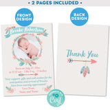 Birth Announcement Card Photo Wreath in Boho Feathers Design