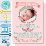 Birth Announcement Card Photo Wreath in Pink Floral Design