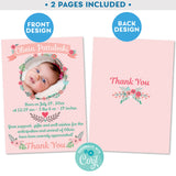 Birth Announcement Card Photo Wreath in Pink Floral Design