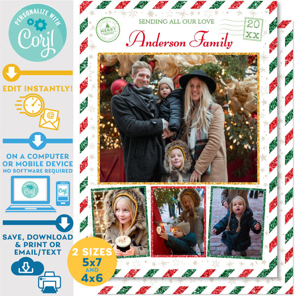 PRINTABLE Christmas Greetings Family Photo Vintage Airmail Postcard