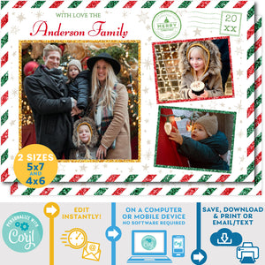 PRINTABLE Christmas Greetings Family Photo Vintage Airmail Postcard