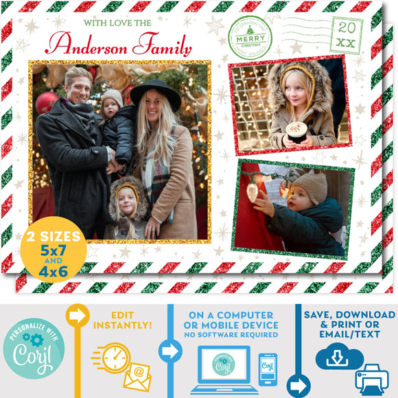 PRINTABLE Christmas Greetings Family Photo Vintage Airmail Postcard