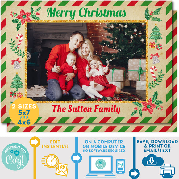 PRINTABLE Christmas Greetings (Single) Family Photo Vintage Airmail Postcard