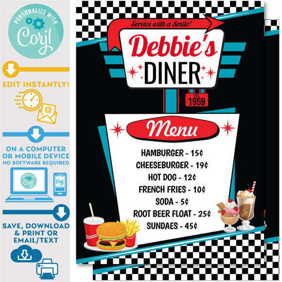 PRINTABLE 50s Diner Menu in Black, Red and Teal 5