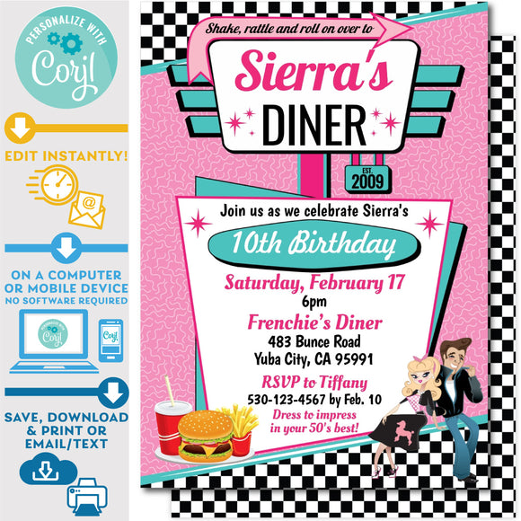 1950's Diner Invitation in Pink and Teal - Vintage Diner Invite in Pink and Teal