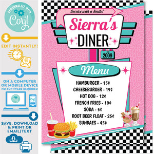 PRINTABLE 50s Diner Menu in Pink and Teal 5" x 7"
