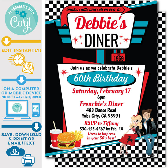 1950's Diner Invitation in Pink and Teal - Vintage Diner Invite in Black and Red