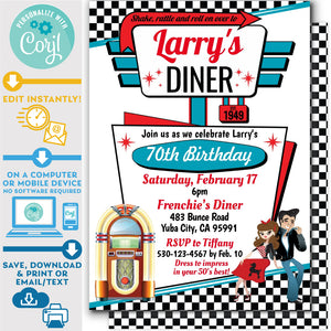 PRINTABLE 50s Diner Invitation in White, Red and Teal 5" x 7"
