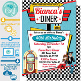 1950's Diner Invitation in Red, Teal and Yellow - Vintage Diner Invite in Pink and Teal