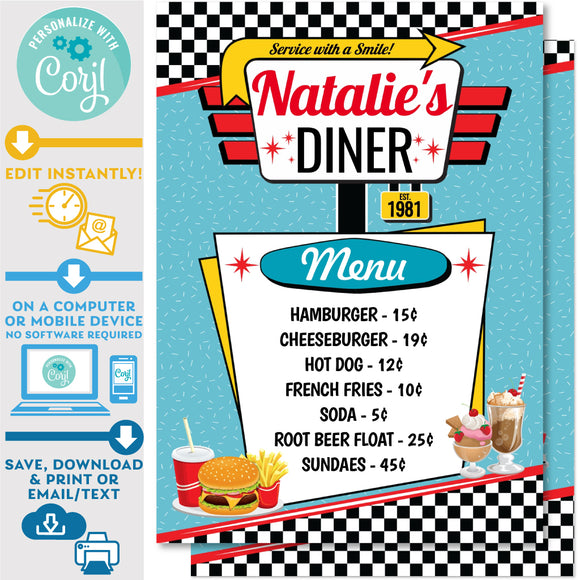 PRINTABLE 50s Diner Menu in Teal, Yellow and Red 5