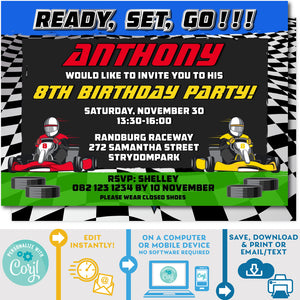 PRINTABLE Go Kart Racing Invitation Blue & Green 5" x 7"