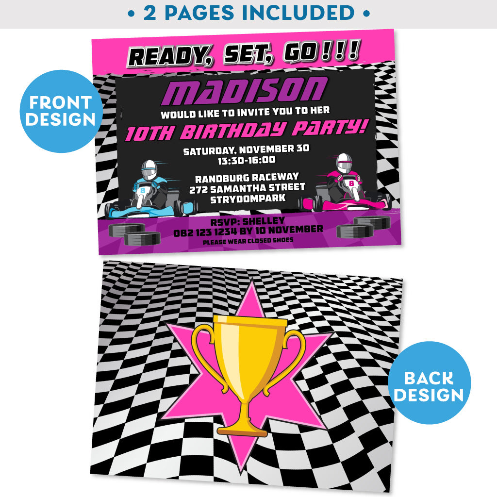 PRINTABLE Go Kart Racing Invitation Pink & Purple 5 printable-go-kart-racing-invitation-pink-purple-5-x-7-invite-central