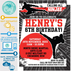 PRINTABLE Karate Ninja Warrior Boys Invitation in Black and Red 5" X 7"