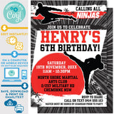 PRINTABLE Karate Ninja Warrior Boys Invitation in Black and Red 5" X 7"