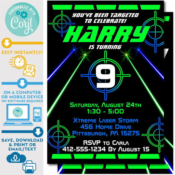 Laser Tag Invitation with Laser Beams in Neon Green and Blue Editable Invite Indoor Laser Tag Party