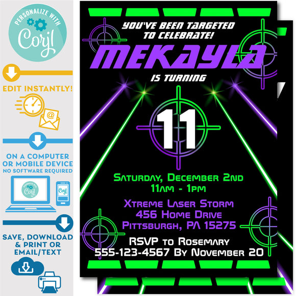 Laser Tag Invitation with Laser Beams in Neon Green and Blue Editable Invite Indoor Laser Tag Party