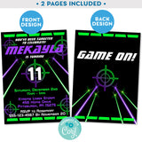 Laser Tag Invitation with Laser Beams in Neon Green and Purple Editable Invite Indoor Laser Tag Party