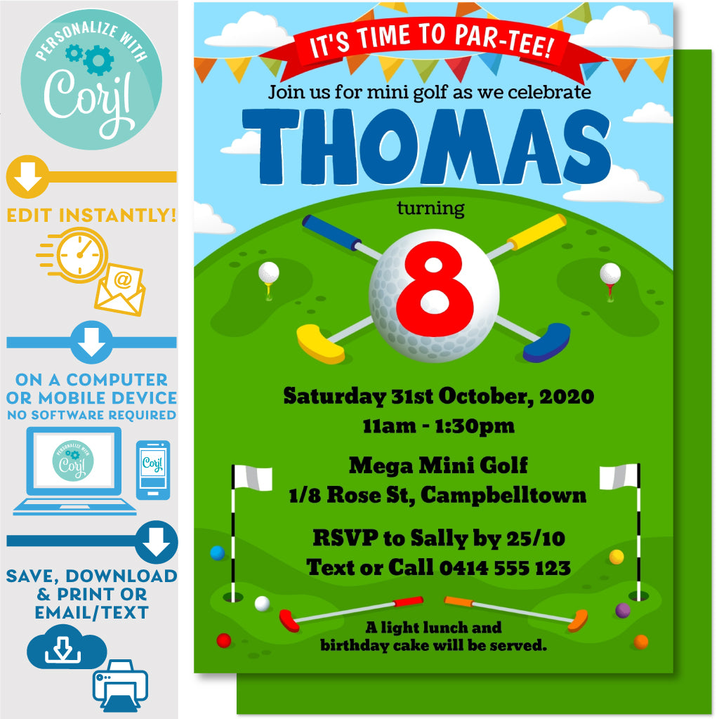 printable-mini-golf-kids-birthday-invitation-5-x-7-invite-central for Free Printable Golf Birthday Cards PRINTABLE Mini Golf Kids Birthday Invitation 5