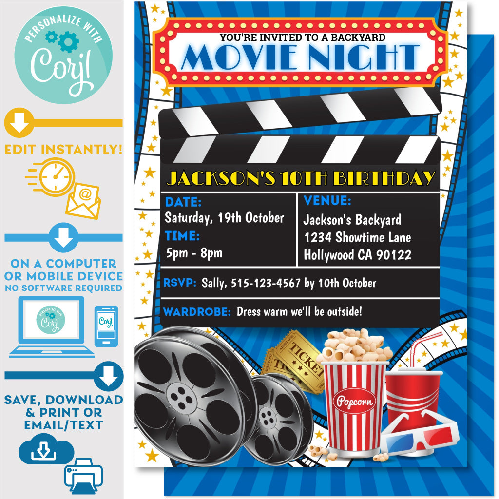 PRINTABLE Movie Night Blue Background Invitation 5 printable-movie-night-blue-background-invitation-5-x-7-invite-central