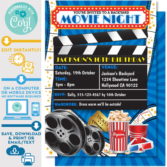 Movie Night Backyard Invitation Blue