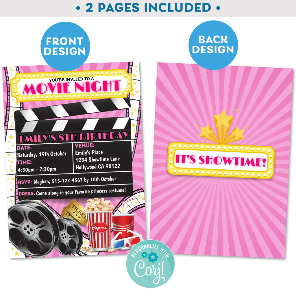 printable-movie-night-pink-background-invitation-5-x-7-invite-central for Free Printable Movie Night Invitations PRINTABLE Movie Night Pink Background Invitation 5