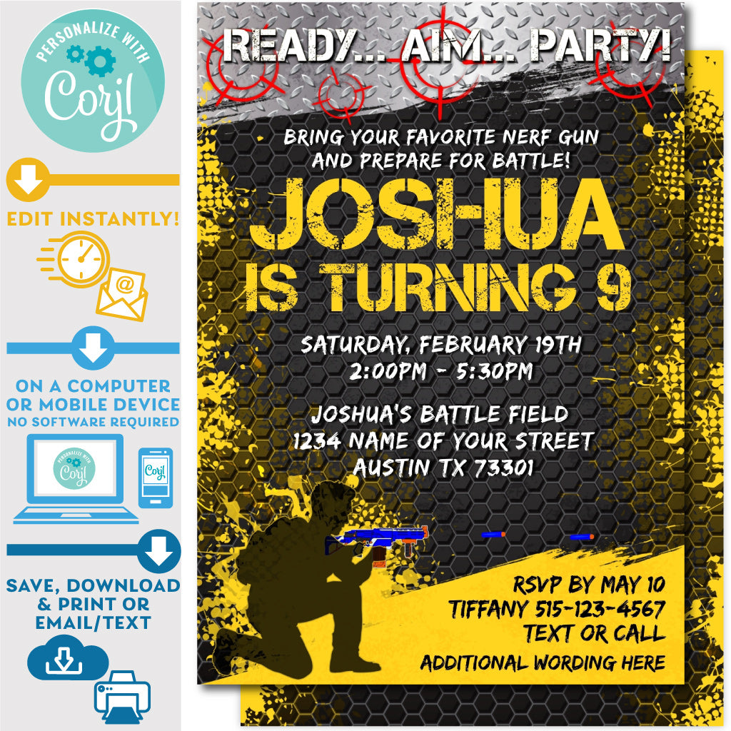 printable-nerf-dart-wars-invitation-in-black-yellow-5-x-7-invite-central for Editable Free Printable Nerf Gun Party Invitations Template Free PRINTABLE Nerf Dart Wars Invitation in Black/Yellow 5