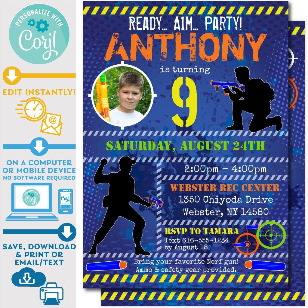 PRINTABLE Nerf Invitation in Blue Grunge with Photo 5