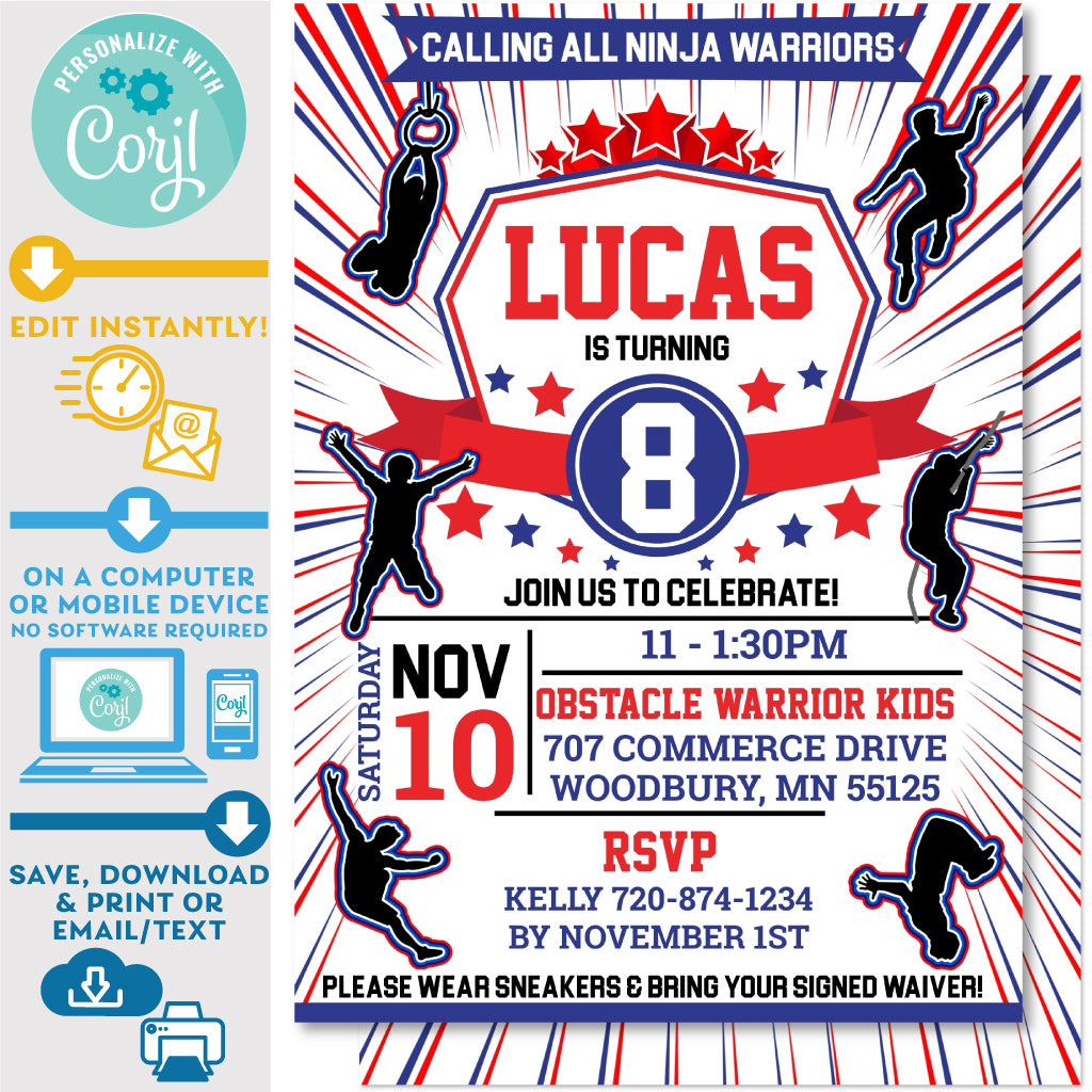 PRINTABLE Ninja Warrior Boys Radial Invitation in Blue, White and Red – Invite Central