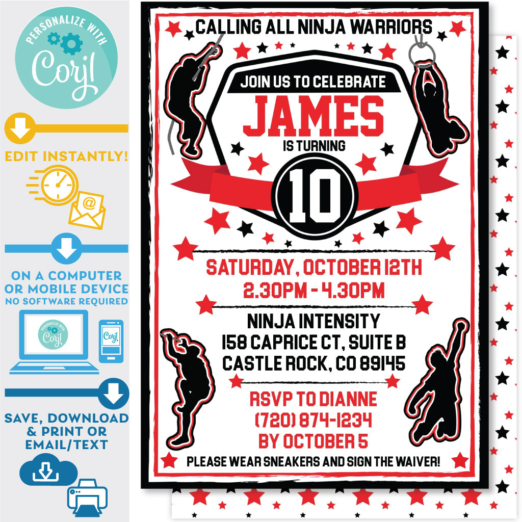 PRINTABLE Ninja Warrior Boys Invitation in Black and Red 5